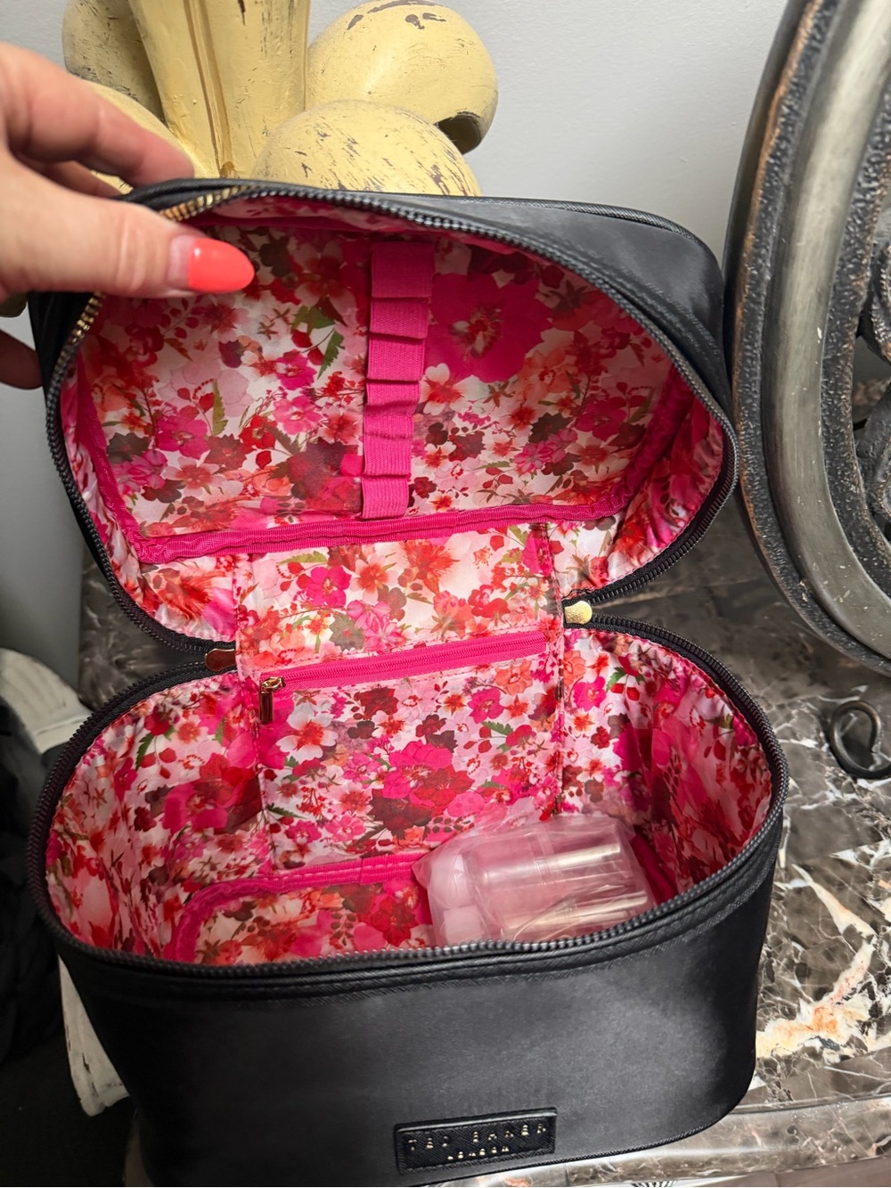 Black Travel Cosmetic Case with Pink Floral Interior Ted Baker